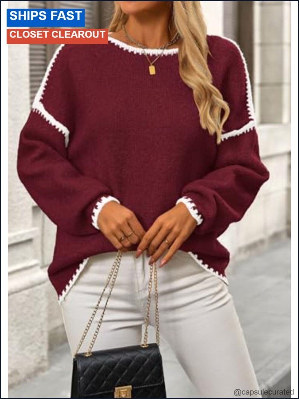 Oversized Chunky Knit Crewneck Pullover Sweater Drop Shoulder - Picture 4 of 6